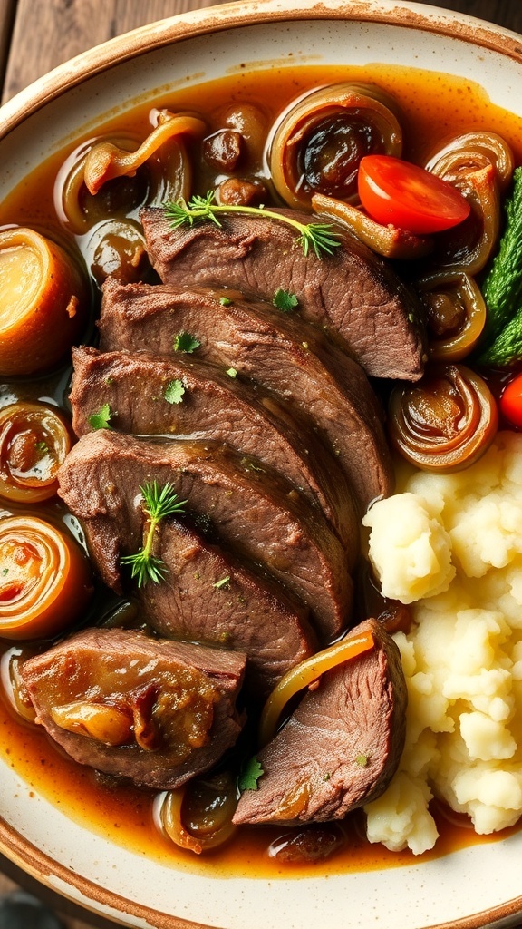 Tender French onion pot roast with caramelized onions and broth, served with mashed potatoes and vegetables.